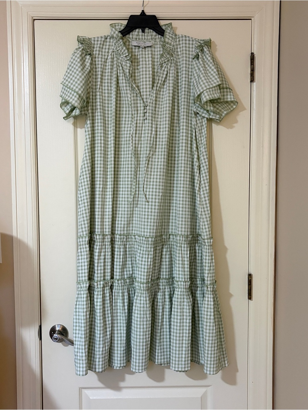 HUNTER BELL Light Green Gingham Ruffle Tiered Midi Dress